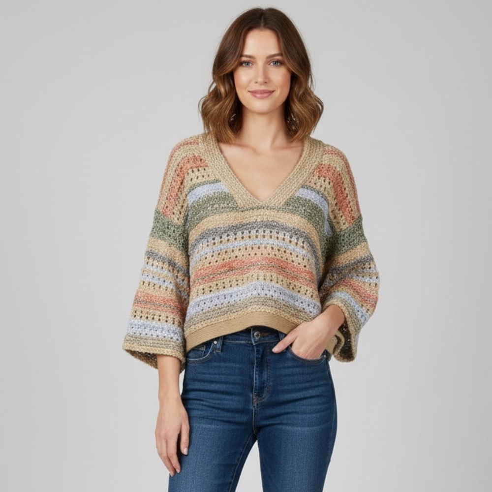 LALAVON Boxy Crop V-Neck Short Sleeve Open Knit Multi Color Sweater Top Size S
